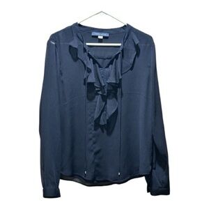 Tommy Hilfiger Ruffle Chiffon Blouse Navy Blue Tie Neck Large